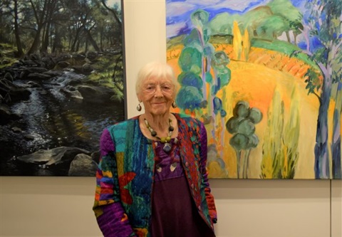 Ada Clark with work Colours of Autumn, co-winner Lachlan Valley Biennial Art Awards 2020
