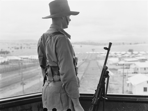 Private Treacey on Guard duty at the Cowra POW Camp. Photograph from Australian War Memorial