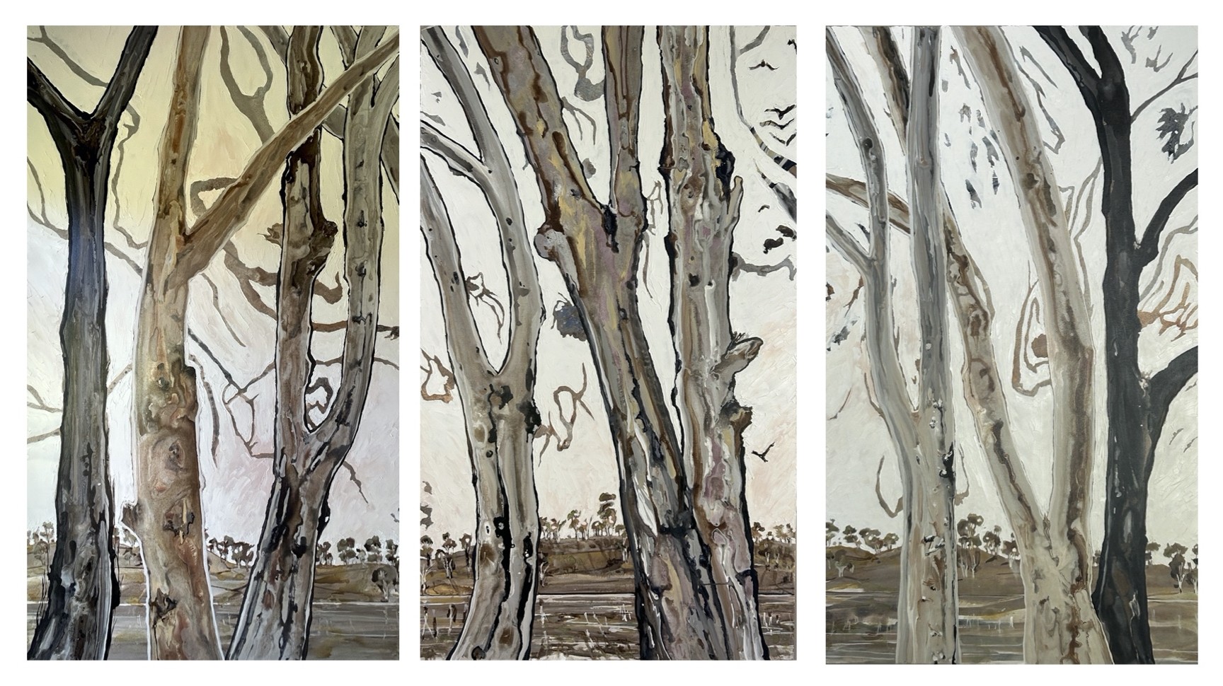 Inel Date, Shades of Summer I, II & III (Riparian series), 2025, mixed media and palette knife oil